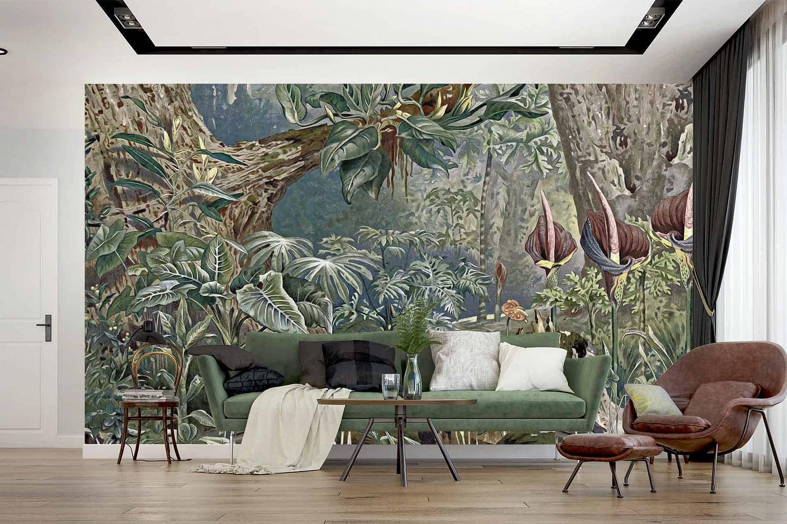Fact or Fiction - a wallpaper with a vintage jungle scene with subdued colouring by Cara Saven Wall Design