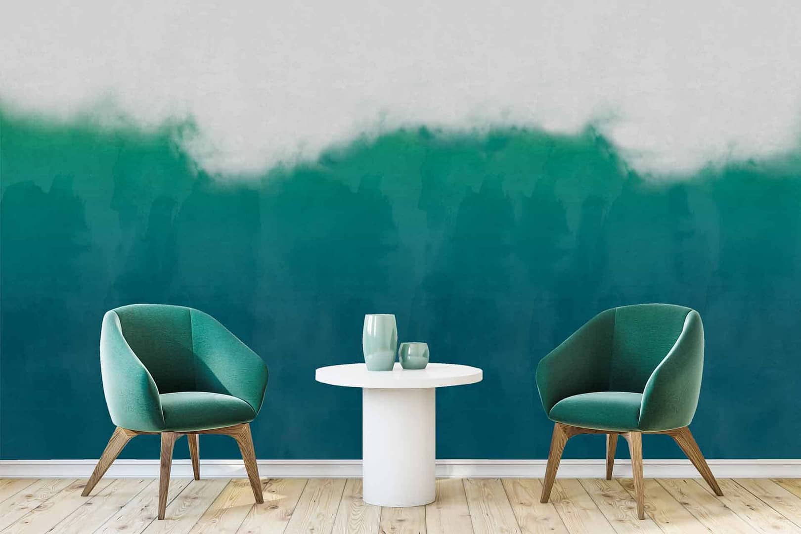 Be Brave - a wallpaper under art effects, a painted wall in blues and greens with white at the top by Cara Saven Wall Design