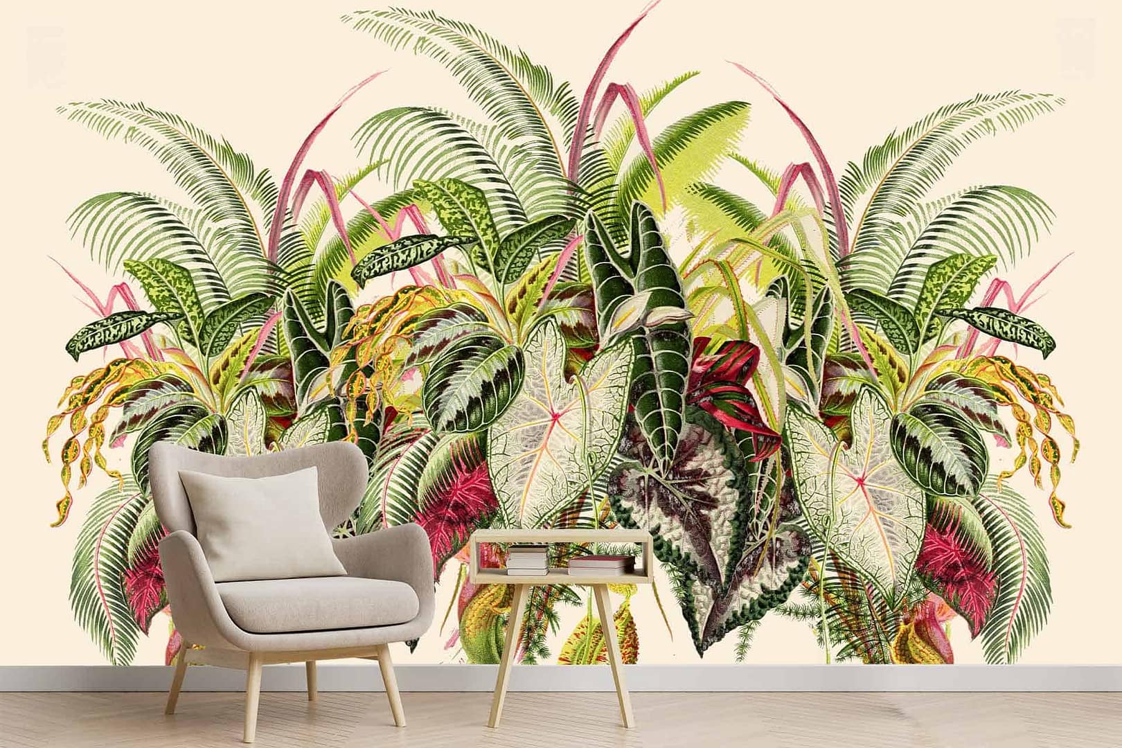 Foliage Bouquet - a wallpaper made up of a variety of colourful oversized leaves by Cara Saven Wall Design