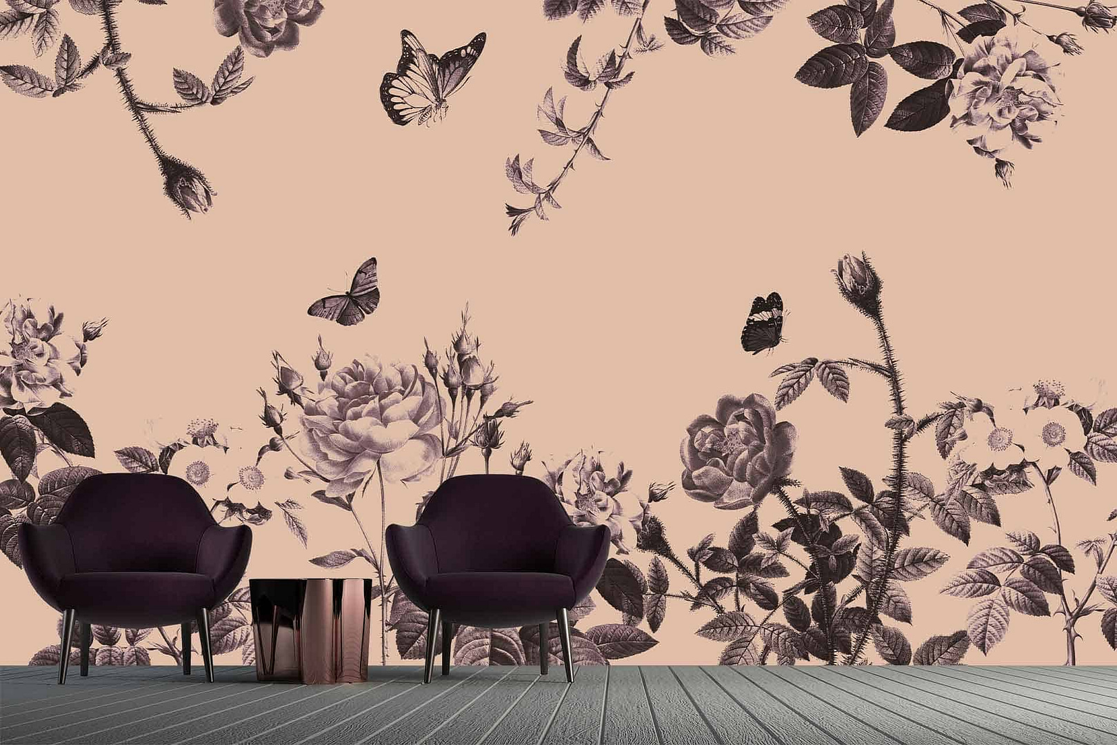 Give It Thorns - a wallpaper with vintage florals and butterflies in black and white with a peach colour overlay by Cara Saven Wall Design