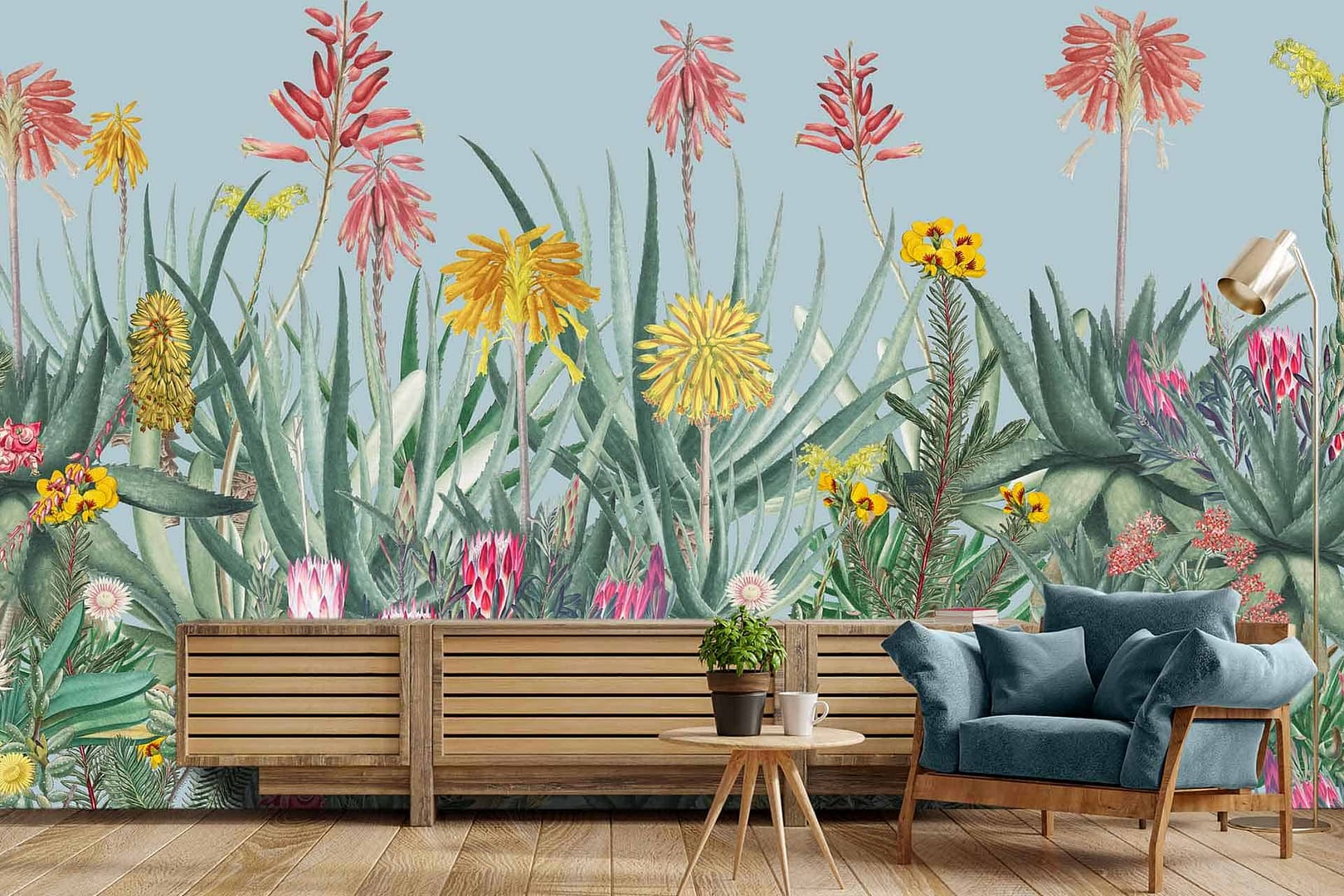 My Happy Place - a wallpaper made up of colourful indigenous south african plants on a light blue background by Cara Saven Wall Design