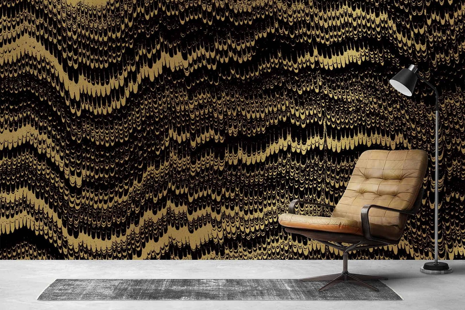 Prospecting - a wallpaper made up of gold and black textured pattern by Cara Saven Wall Design