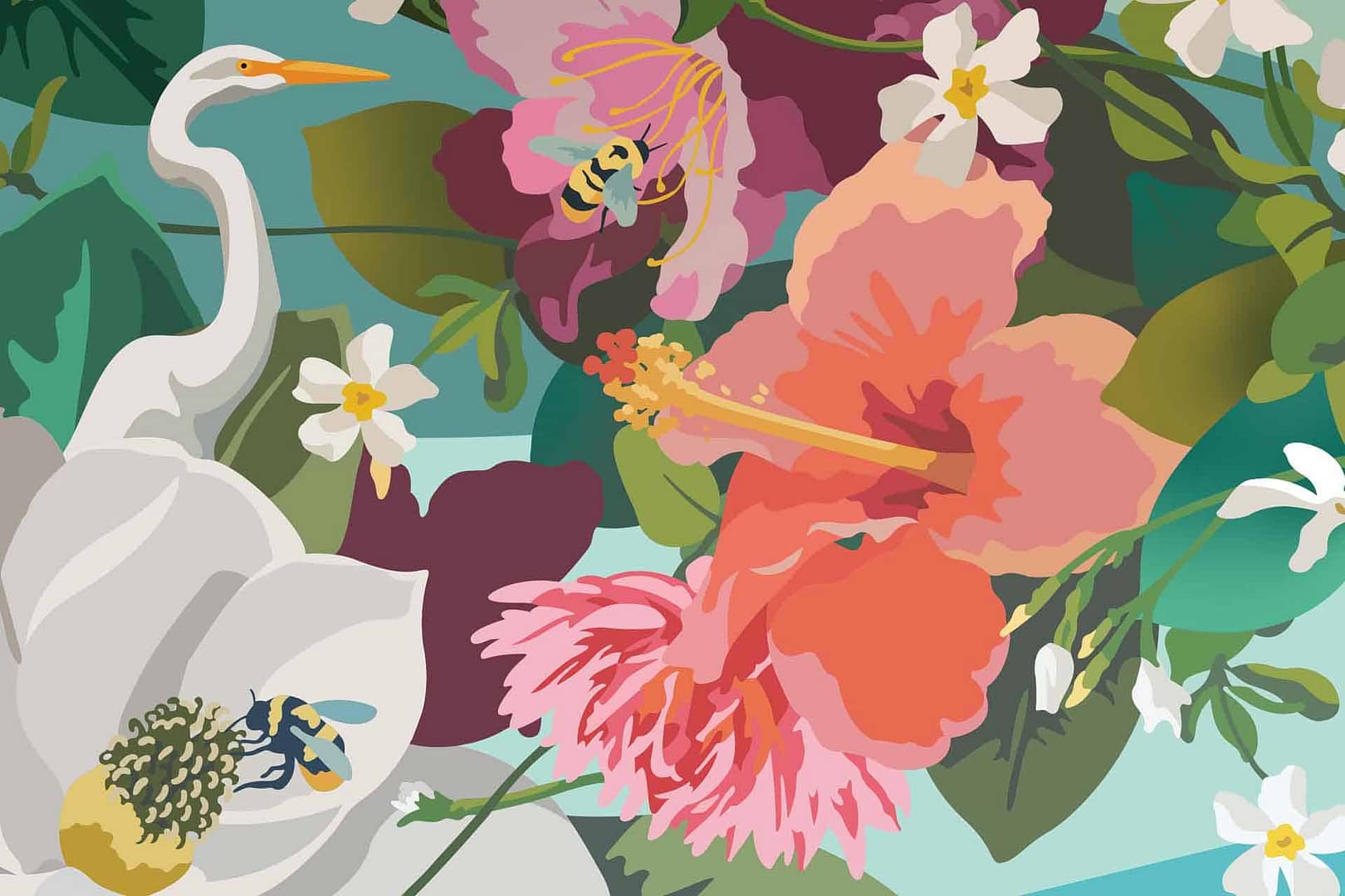 Baxly - a CS&Co wallpaper by artist Kipper Millsap, a colourful graphic wallpaper made up of tropical flowers, insects and a stork