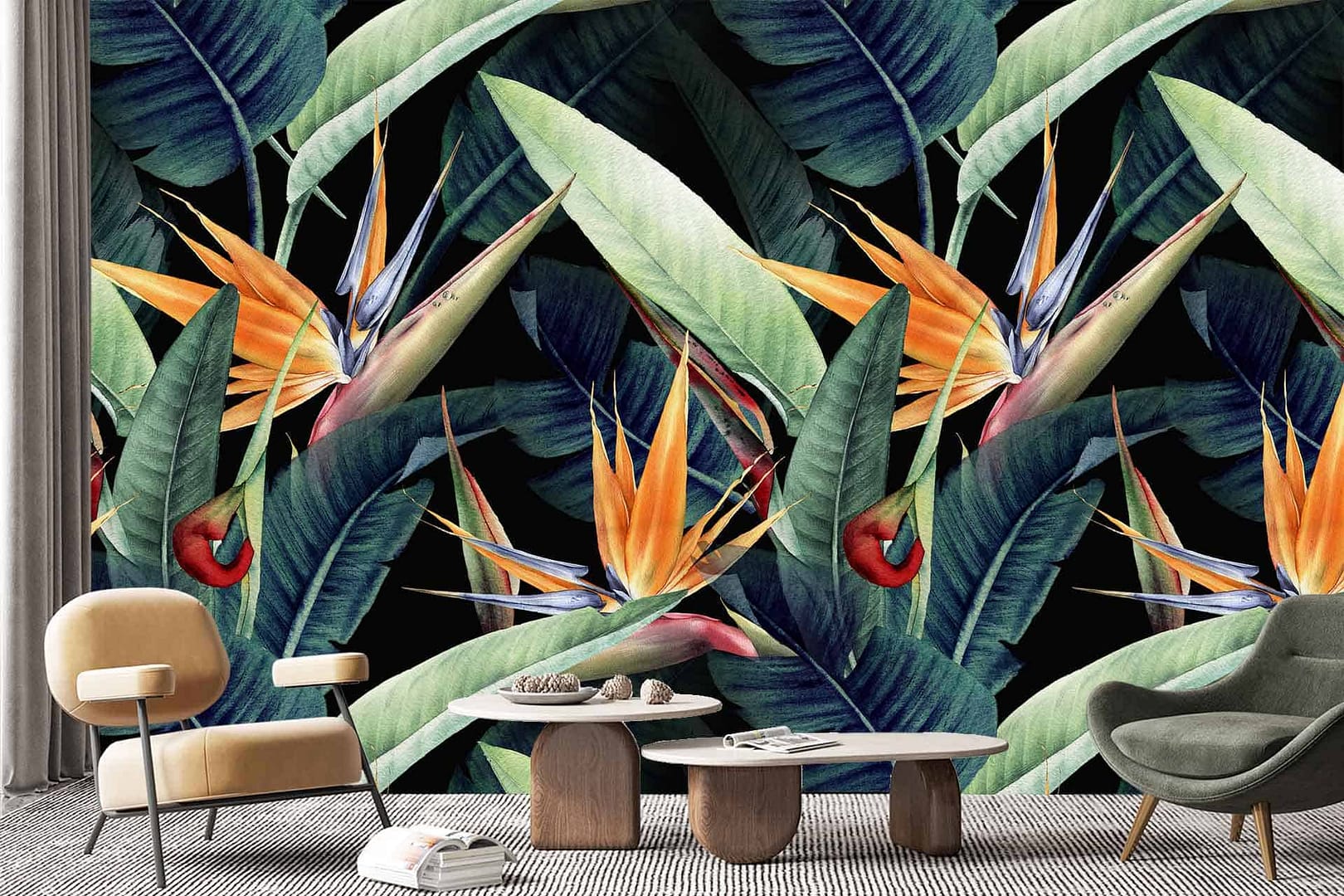 Birds of Paradise - a wallpaper made up of birds of paradise flowers and leaves in vibrant colours by Cara Saven Wall Design
