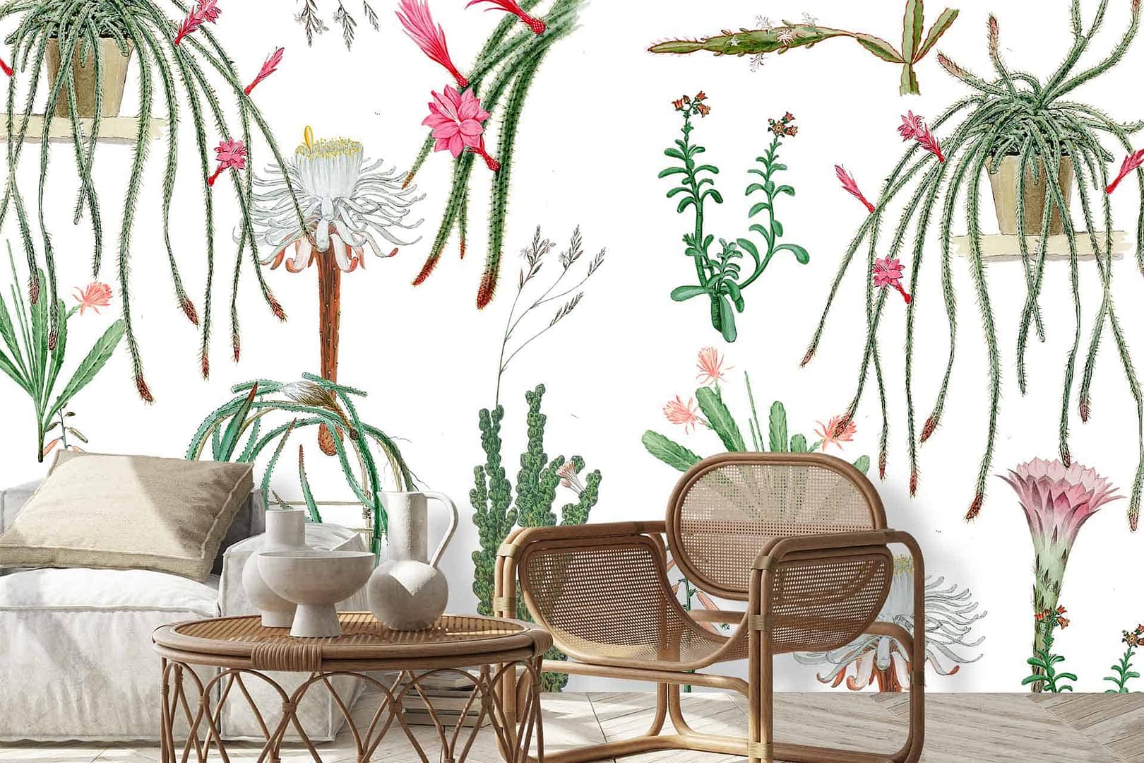 Green Fingers - a wallpaper of green botanical plants with pink flowers by Cara Saven Wall Design