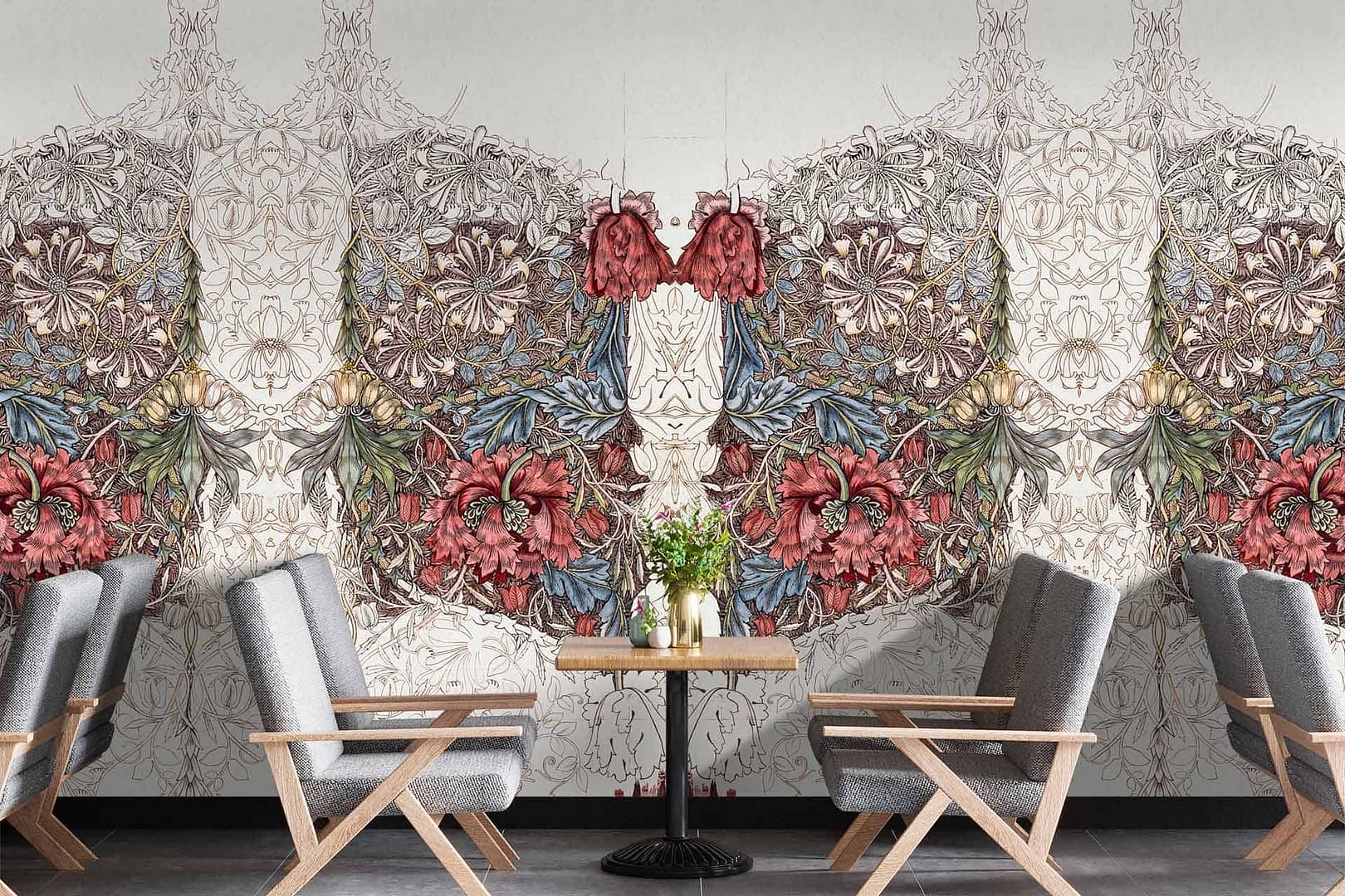 Matinee - a wallpaper made up of a vintage floral images, flowers are emerging from ornate pattern by Cara Saven Wall Design