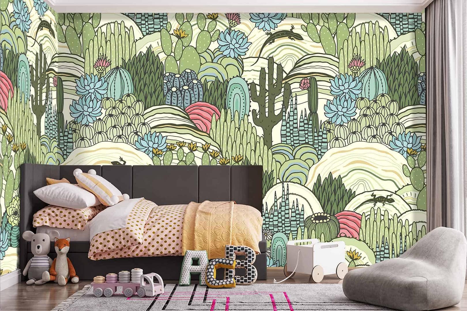 Sunshine State - a wallpaper made of graphic cacti, rocks and lizards by Cara Saven Wall Design