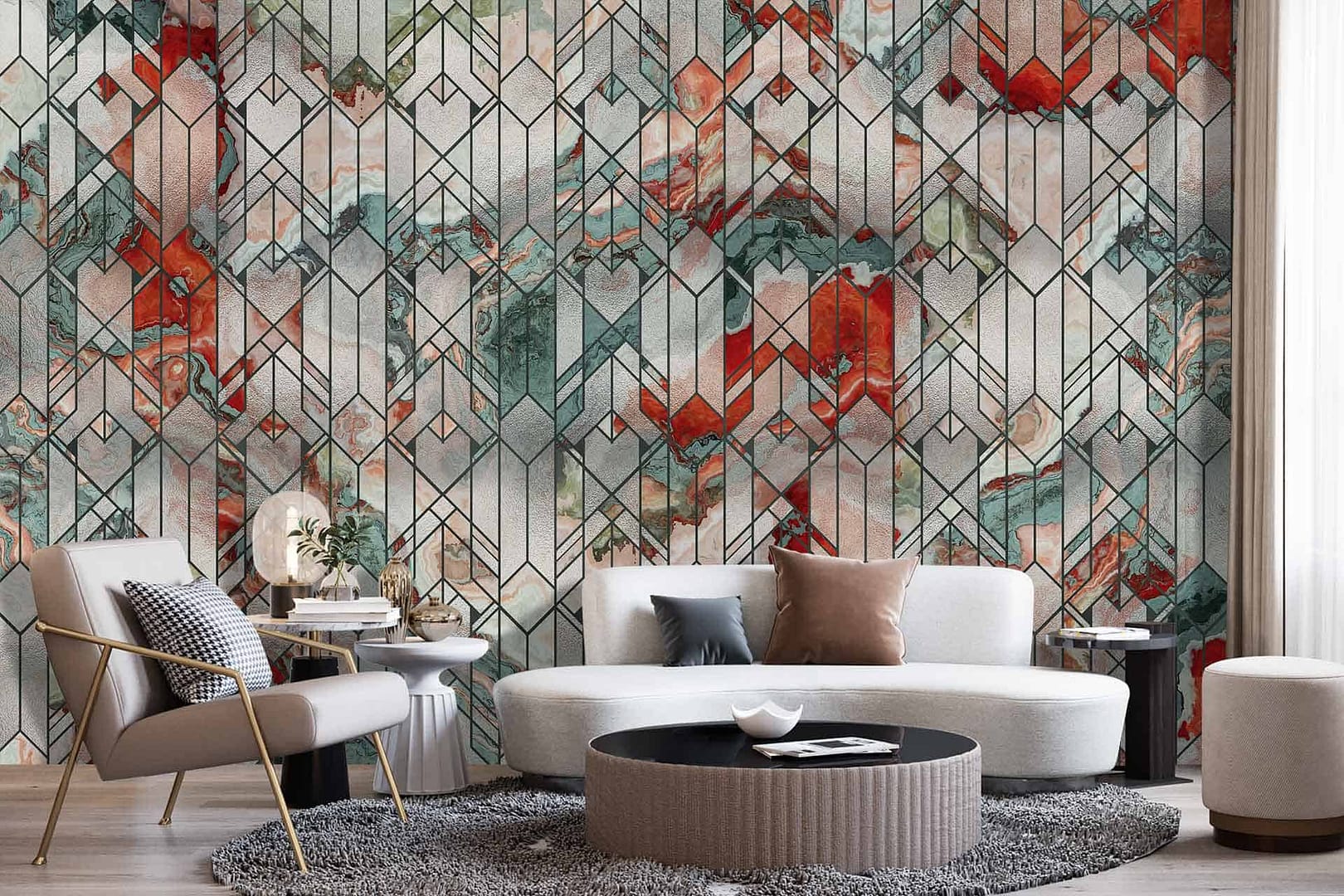 Capture This - a wallpaper made up of a colourful marble texture behind a framed stippled glass bay Cara Saven Wall Design