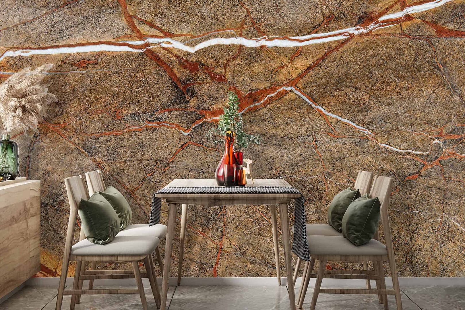 Congregate - a wallpaper of a warm stone texture with orange and white lines incorporated by Cara Saven Wall Design