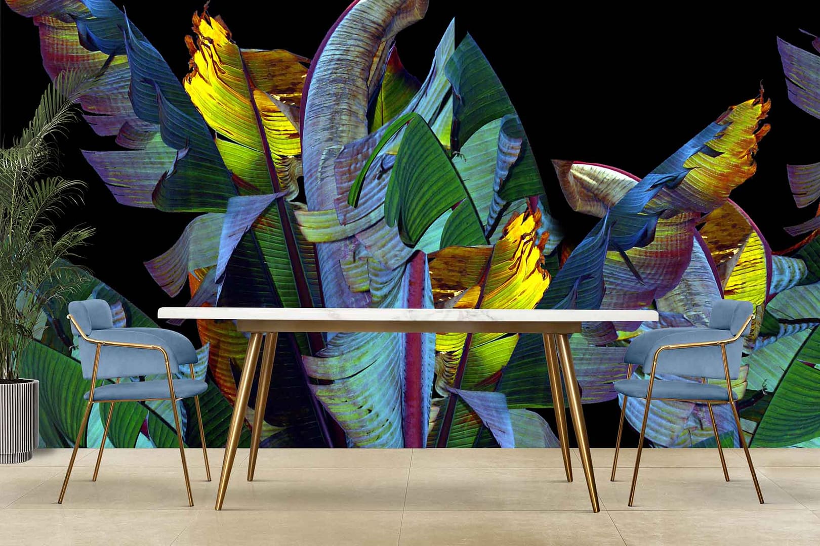 Rainbow Leaves - a wallpaper made up of tropical leaves in bright rainbow colours by Cara Saven Wall Design