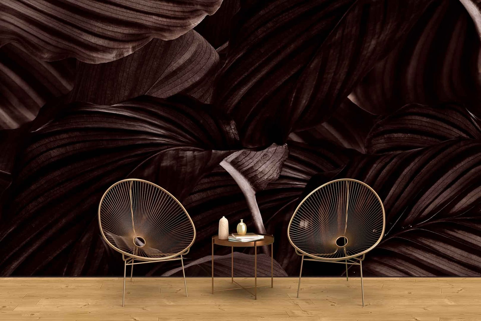 Mocha - a wallpaper made up of dark mocha coloured oversized leaves by Cara Saven Wall Design