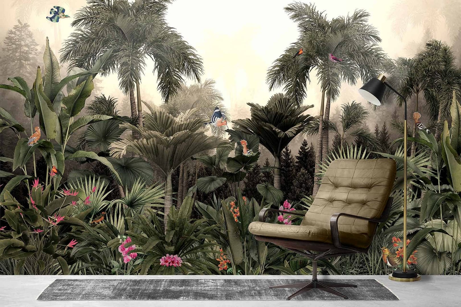 Mainstay - a wallpaperof a tropical jungle scene, with dark plants and bright flowers and birds by Cara Saven Wall Design