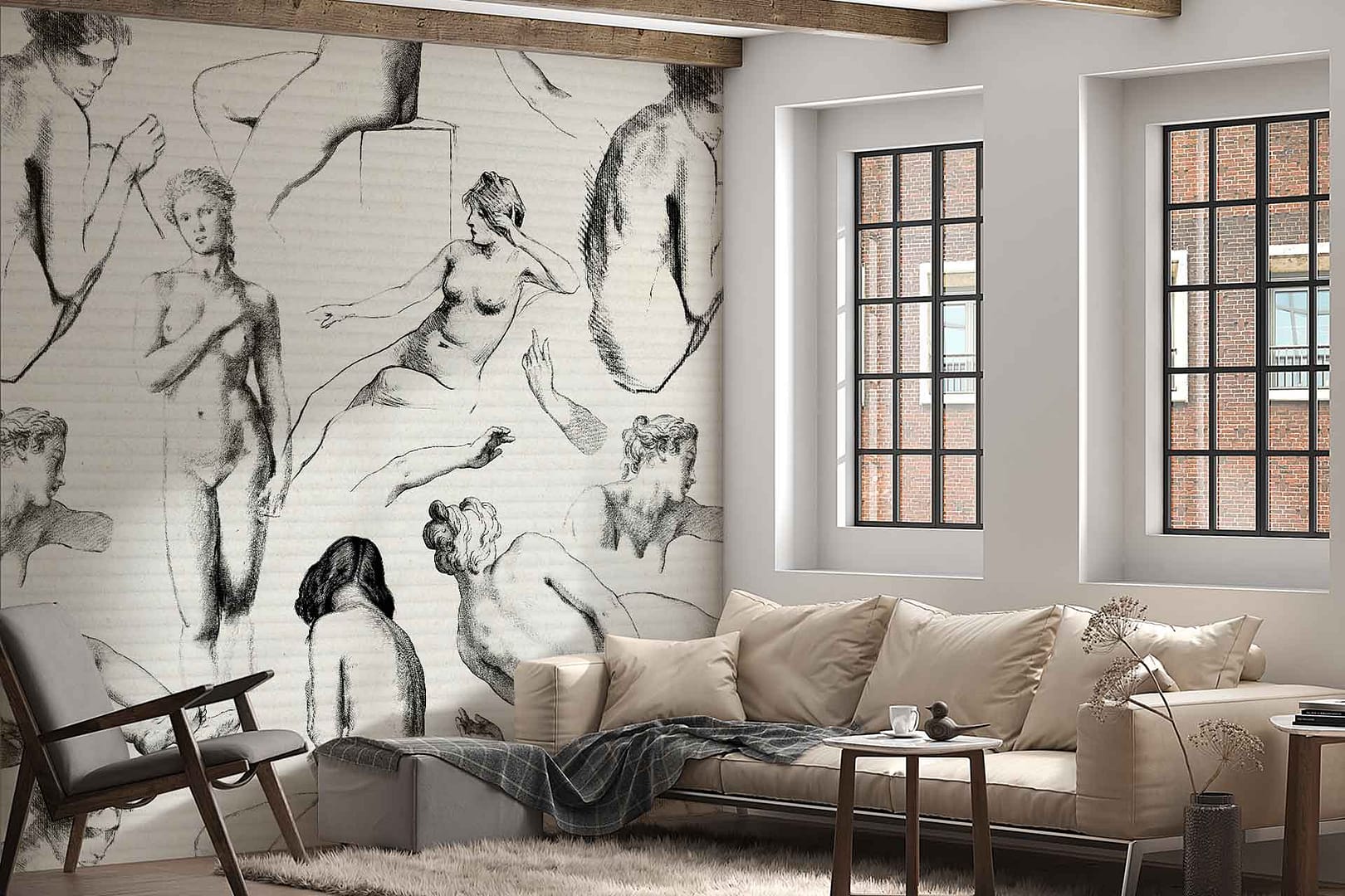 Hold Still Please - A wallpaper made up of various artistic hand drawn female figures by Cara Saven Wall Design
