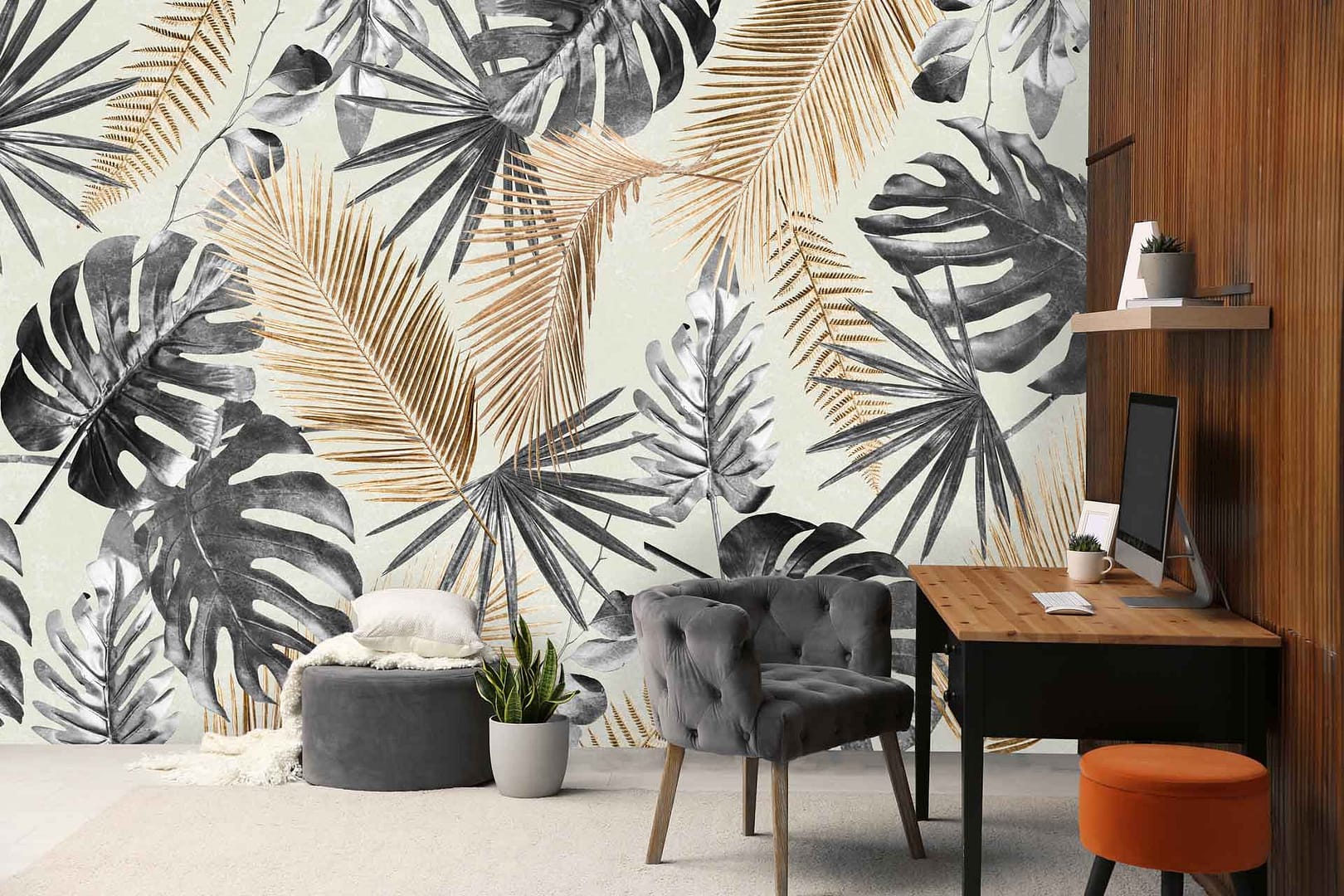 Gold Tropic - a wallpaper made up of gold and black tropical leaves with a grunge overlay by Cara Saven Wall Design
