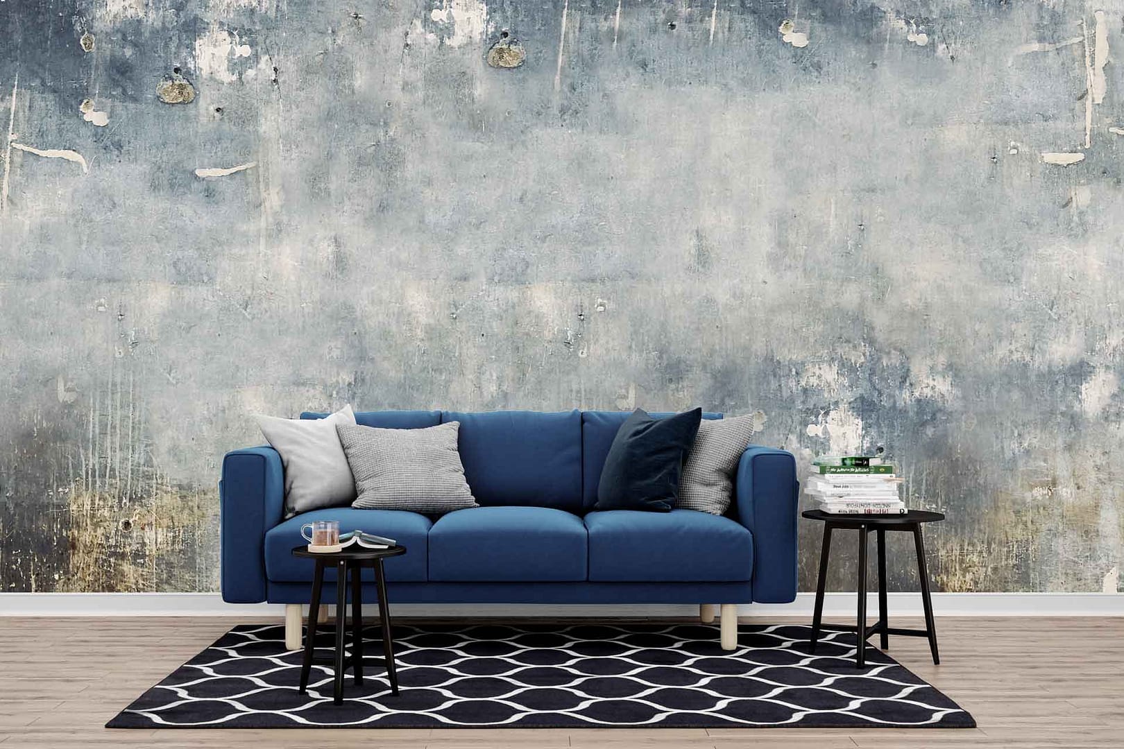 Turn Around - a wallpaper of a grunge concrete wall, blue ombre at the top and slight brown colouration at the bottom by Cara Saven Wall Design