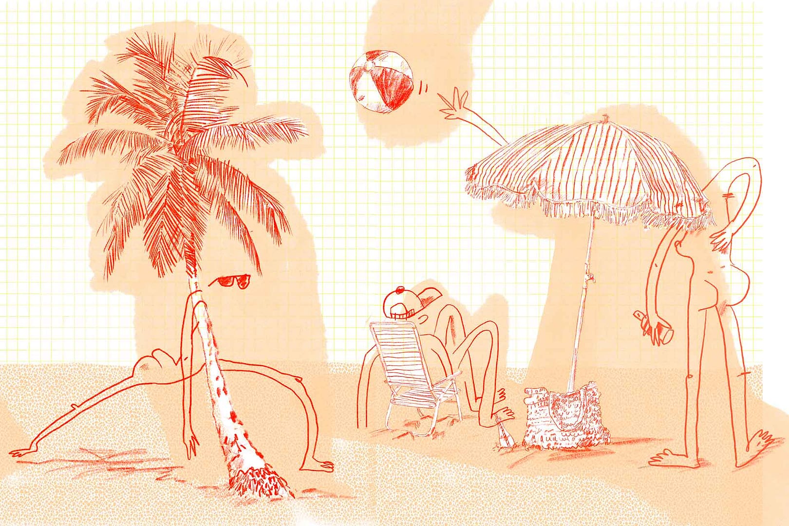Beach Plz - a wallpaper by CS&Co Artist Koos of hand drawn figures on the beach, there is a palm tree, beach chair and umbrella by Cara Saven Wall Design