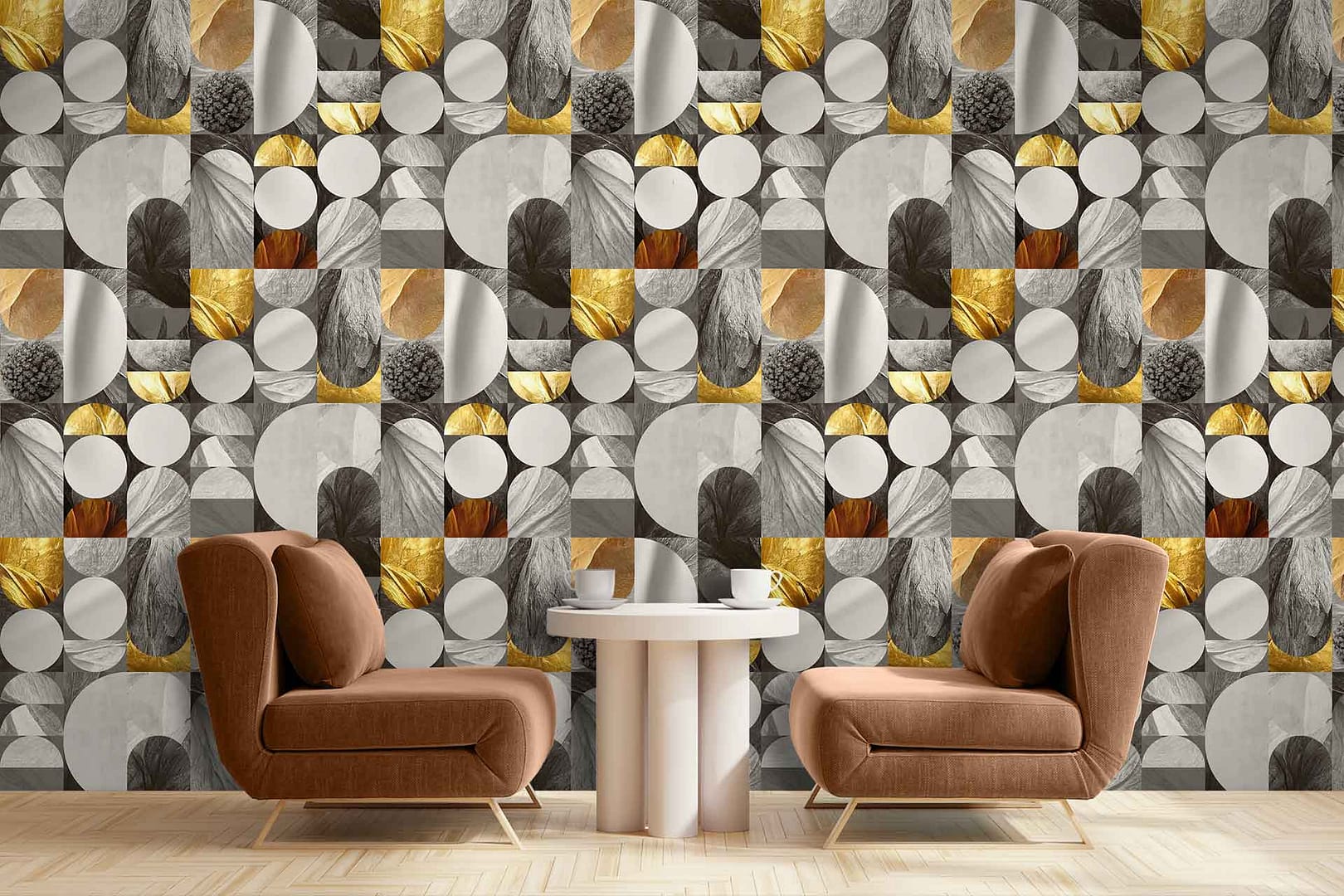 Golden Lining - a wallpaper created with various textured abstract shapes in grey scale and a few overlaid with gold by Cara Saven Wall Design