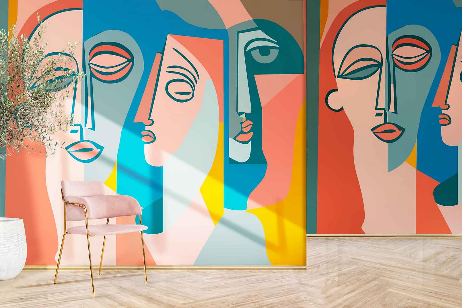 Face It - a wallpaper made up of Picasso faces in an artistic style by Cara Saven Wall Design