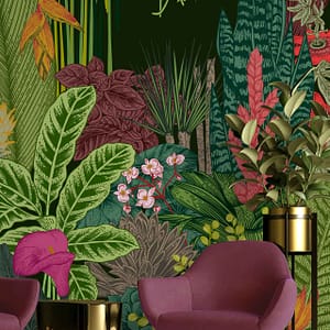 Garden of Eden - a wallpaper made up of colourful graphic style plants and flowers by Cara Saven Wall Design