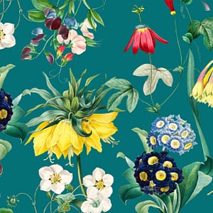 Sweet Pea and Me - a wallpaper made up of colourful flowers scattered on a solid background by Cara Saven Wall Design
