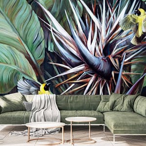 Where Wild Things Barely Grow - a wallpaper by CS&Co Artist Nicole Sanderson of Weavers flying near banana trees