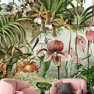 Tropical Surprise - a wallpaper of a vintage colourful jungle scene, various orchids, flowers and plants by Cara Saven Wall Design