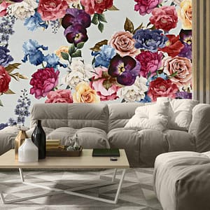 Garden Variety - a wallpaper with a variety of colourful flowers on a grey background by Cara Saven Wall Design