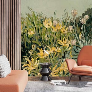 Leucadendron and Everlasting - a CS&Co wallpaper by artist Hermien van der Merwe, painted colourful flowers