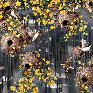 Golden Weavers - a wallpaper by CS&Co Artist Nicole Sanderson with weavers weaving nests surrounded with yellow flowers on a black grunge background