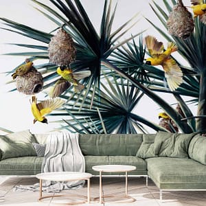 Sky Sings - a wallpaper by CS&Co Artist Nicole Sanderson with yellow weavers on palm leaves