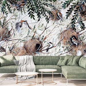 White Noise - a wallpaper by CS&Co Artist Nicole Sanderson with sparrows weaving nests in an acacia tree