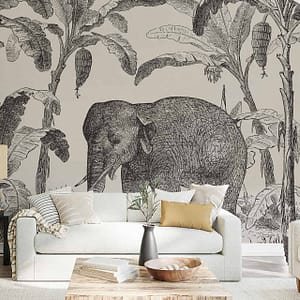 Elephant Island - a wallpaper made with a vintage print of an elephant standing between banana palm trees by Cara Saven Wall Design