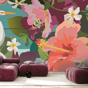 Baxly - a CS&Co wallpaper by artist Kipper Millsap, a colourful graphic wallpaper made up of tropical flowers, insects and a stork