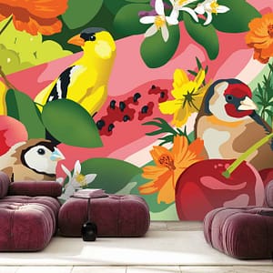 Finches - a CS&Co wallpaper by artist Kipper Millsap, a colourful graphic wallpaper made up of finches and fruit