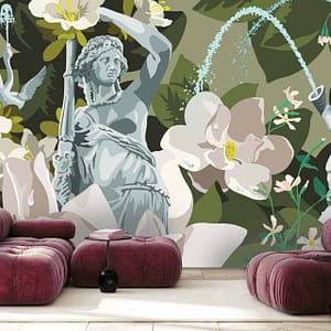 Forsyth - a CS&Co wallpaper by artist Kipper Millsap, a graphic wallpaper made up of statues, flowers and leaves