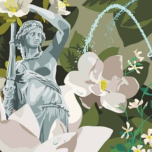 Forsyth - a CS&Co wallpaper by artist Kipper Millsap, a graphic wallpaper made up of statues, flowers and leaves
