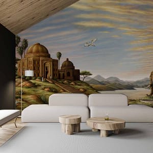 Maharajas Garden - a CS&Co wallpaper by artist Harem, a painting on canvas of an Indian landscape scene, palace, elephant and river