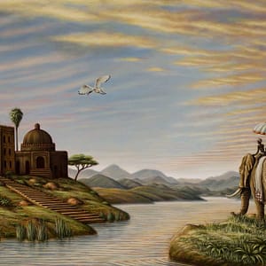 Maharajas Garden - a CS&Co wallpaper by artist Harem, a painting on canvas of an Indian landscape scene, palace, elephant and river