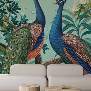 Peacocks - a CS&Co wallpaper by artist Harem, a painting on canvas of two peacocks in bright colours