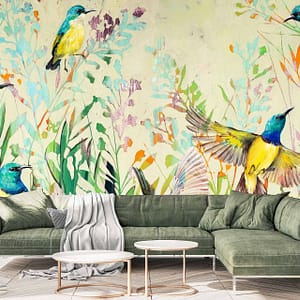 Between Blossoms - a wallpaper by CS&Co artist Nicole Sanderson of colourful birds and spring flowers