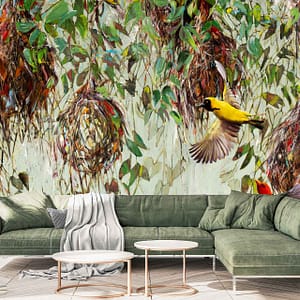 Mopani Farm - a wallpaper by CS&Co Artist Nicole Sanderson of Weaver birds on weaving colourful nests