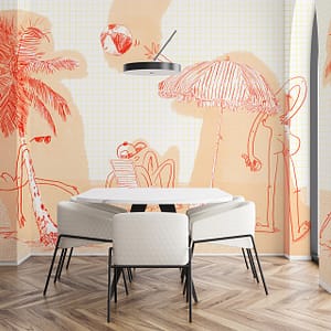 Beach Plz - a wallpaper by CS&Co Artist Koos of hand drawn figures on the beach, there is a palm tree, beach chair and umbrella by Cara Saven Wall Design