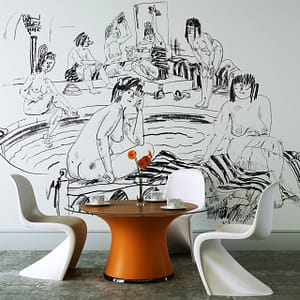 The Bathers 1 - a wallpaper by CS&Co Artist Koos of hand drawn naked figures at an indoor bath scene by Cara Saven Wall Design