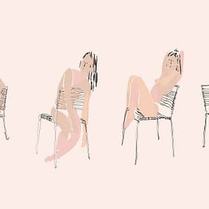Tired Nudes - a wallpaper by CS&Co Artist Koos of four hand drawn naked figures sitting on chairs by Cara Saven Wall Design