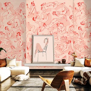 Wine Sloths - a wallpaper by CS&Co Artist Koos of hand drawn naked female figures drinking wine by Cara Saven Wall Design