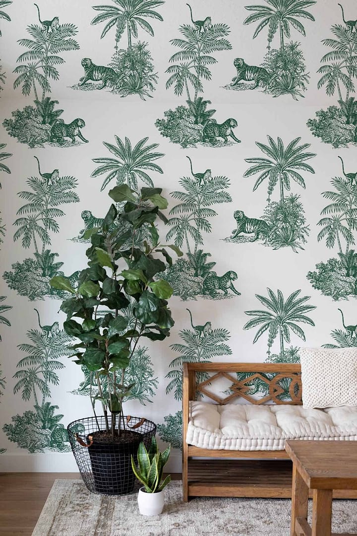 Tiger Tiger - a wallpaper with tigers and palm trees in green creating a pattern by Cara Saven Wall Design