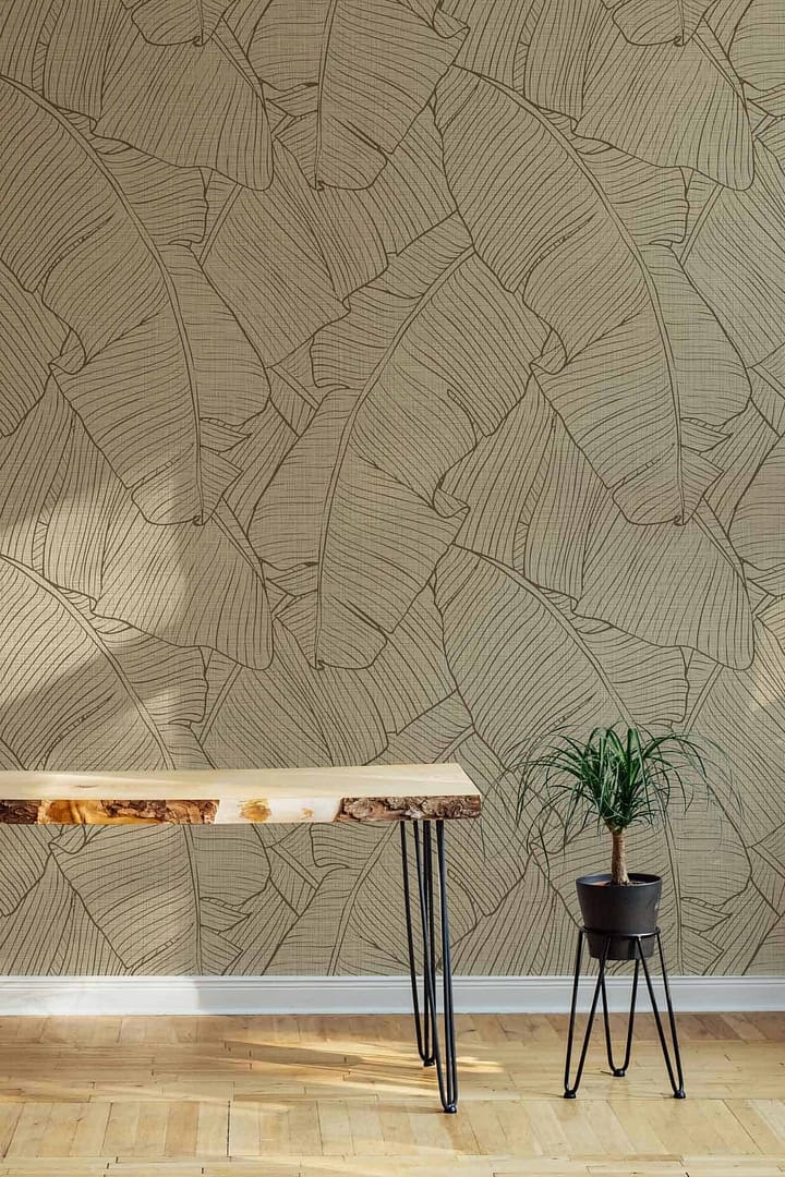 North of the Island - a wallpaper with graphic style outlined leaves on a textured linen background by Cara Saven Wall Design